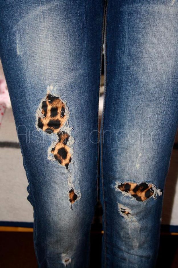 DIY Jeans Makeovers - Animal Print Patch - Easy Crafts and Tutorials to Refashion and Upcycle Your Jeans and Create Ripped, Distressed, Bleach, Lace Edge, Cut Off, Skinny, Shorts, Skirts, Galaxy and Painted Jeans Ideas - Cool Denim Fashions for Teens, Teenagers, Women #diyideas #diyclothes #clothinghacks #teencrafts