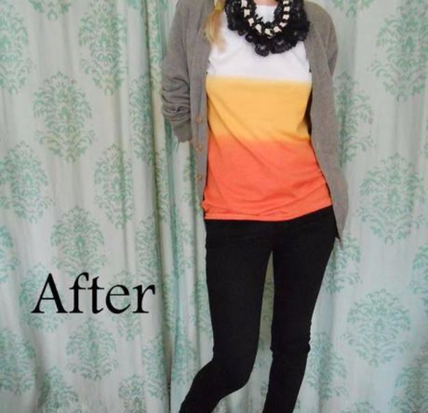 T-Shirt Makeovers - Candy Corn Dip Dye T-Shirt - Fun Upcycle Ideas for Tees - How To Make Simple Awesome Summer Style Projects - Cute Sleeve and Neckline Ideas - Cheap and Easy Ways To Upcycle Tshirts for Fun Clothes and Fashion - Quick Projects for Teens and Teenagers on A Budget #teenfashion #tshirtideas #teencrafts
