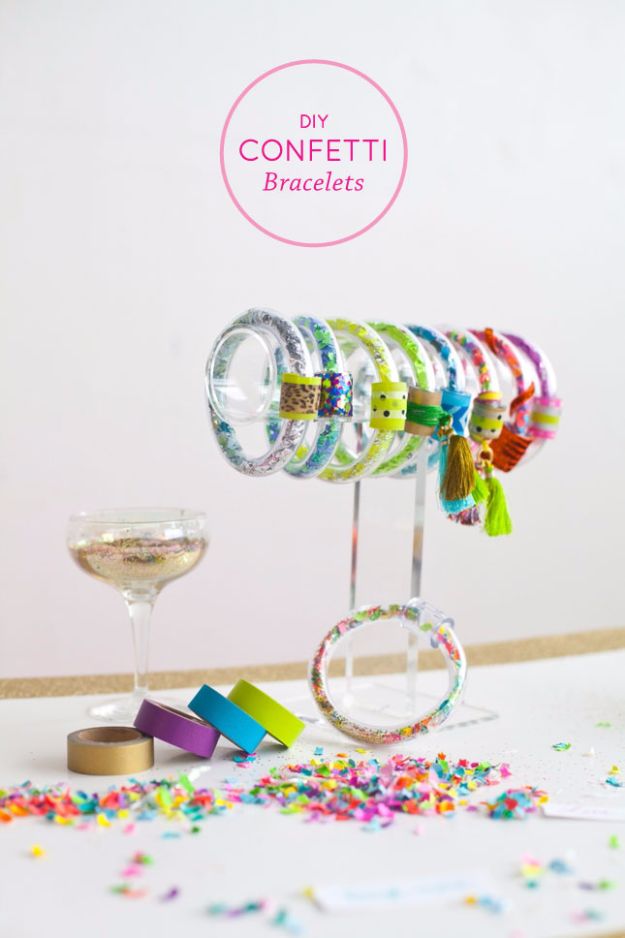 DIY Ideas WIth Glitter - DIY Confetti Bracelets - Easy Crafts and Projects for Decoration, Gifts, and Bedroom Decor - How To Make Ombre, Mod Podge and Glitter Mason Jar Gift Ideas For Teens - Easy Clothes and Makeup Crafts For Teenagers #diyideas #glitter #crafts