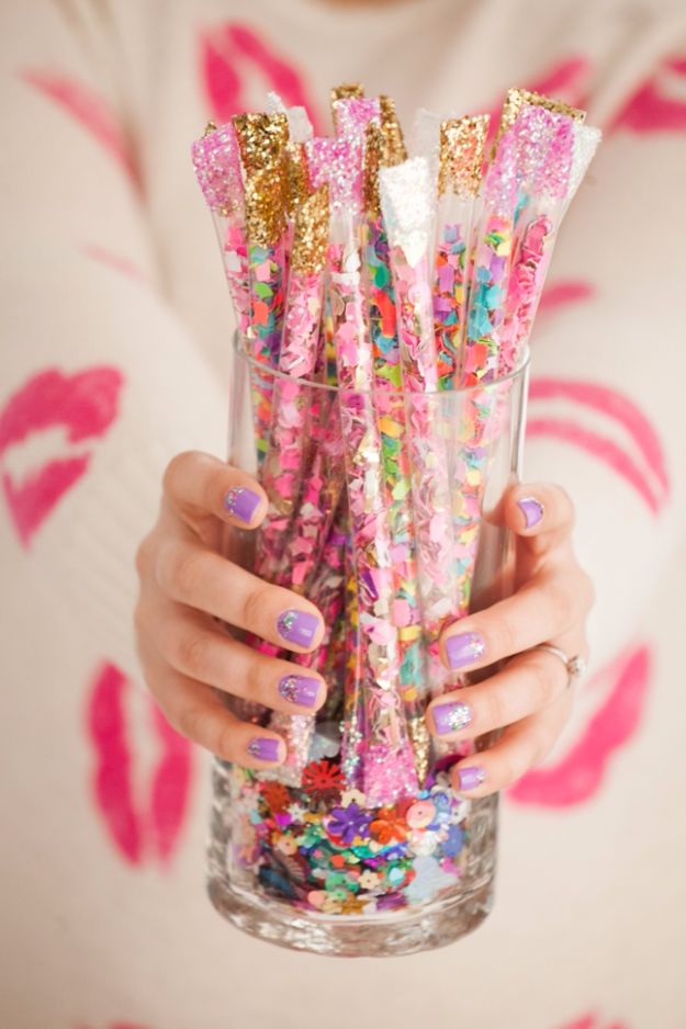 DIY Ideas WIth Glitter - DIY Confetti Sticks - Easy Crafts and Projects for Decoration, Gifts, and Bedroom Decor - How To Make Ombre, Mod Podge and Glitter Mason Jar Gift Ideas For Teens - Easy Clothes and Makeup Crafts For Teenagers #diyideas #glitter #crafts