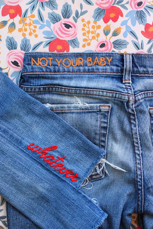 DIY Jeans Makeovers - DIY Denim Embroidery - Easy Crafts and Tutorials to Refashion and Upcycle Your Jeans and Create Ripped, Distressed, Bleach, Lace Edge, Cut Off, Skinny, Shorts, Skirts, Galaxy and Painted Jeans Ideas - Cool Denim Fashions for Teens, Teenagers, Women #diyideas #diyclothes #clothinghacks #teencrafts