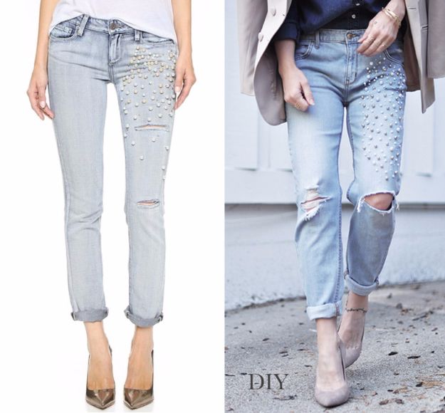 DIY Jeans Makeovers - DIY Inspired Pearl Embellished Jeans - Easy Crafts and Tutorials to Refashion and Upcycle Your Jeans and Create Ripped, Distressed, Bleach, Lace Edge, Cut Off, Skinny, Shorts, Skirts, Galaxy and Painted Jeans Ideas - Cool Denim Fashions for Teens, Teenagers, Women #diyideas #diyclothes #clothinghacks #teencrafts