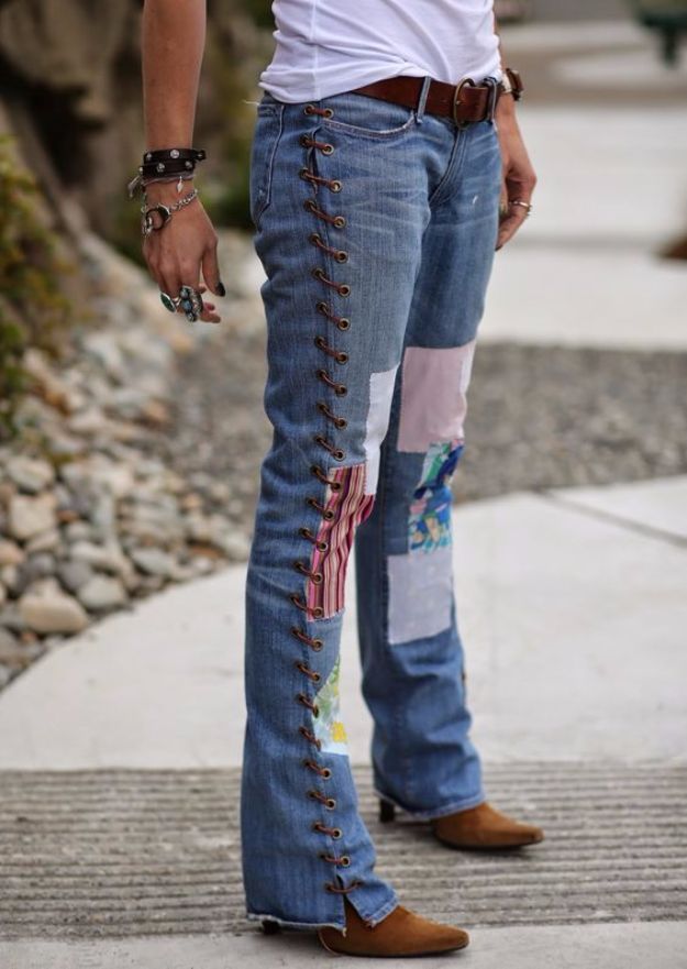 DIY Jeans Makeovers - DIY Leather Lace-Up Jeans - Easy Crafts and Tutorials to Refashion and Upcycle Your Jeans and Create Ripped, Distressed, Bleach, Lace Edge, Cut Off, Skinny, Shorts, Skirts, Galaxy and Painted Jeans Ideas - Cool Denim Fashions for Teens, Teenagers, Women #diyideas #diyclothes #clothinghacks #teencrafts