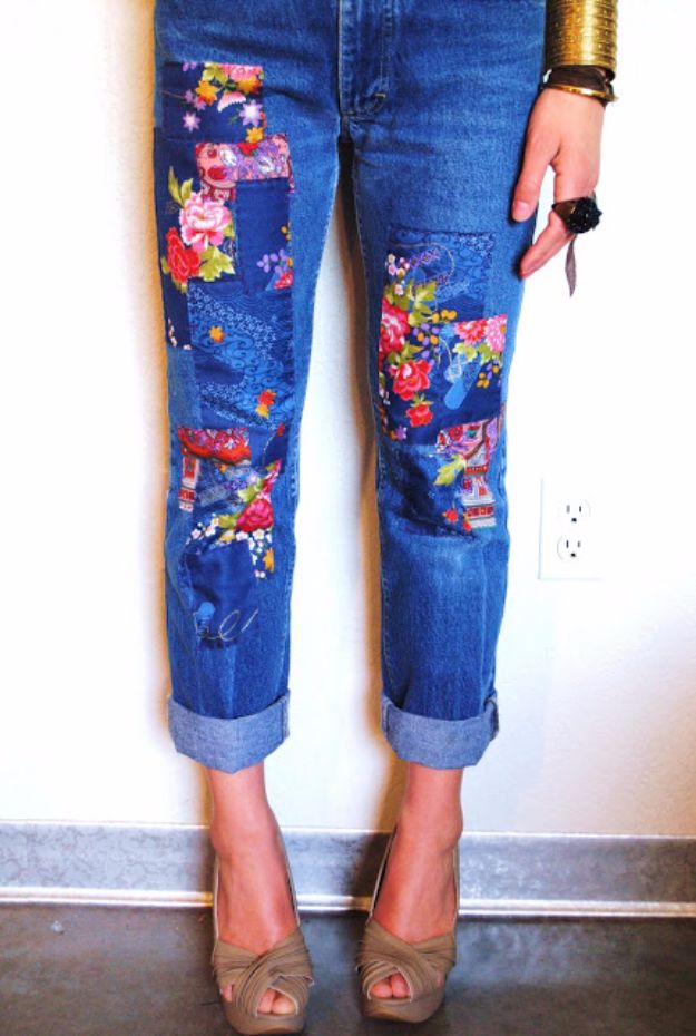 DIY Jeans Makeovers - DIY Patchwork Jeans - Easy Crafts and Tutorials to Refashion and Upcycle Your Jeans and Create Ripped, Distressed, Bleach, Lace Edge, Cut Off, Skinny, Shorts, Skirts, Galaxy and Painted Jeans Ideas - Cool Denim Fashions for Teens, Teenagers, Women #diyideas #diyclothes #clothinghacks #teencrafts