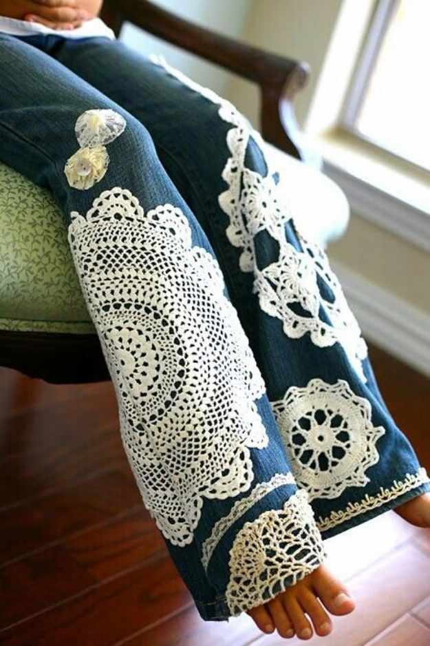 DIY Jeans Makeovers - Doilies Embellished Jeans - Easy Crafts and Tutorials to Refashion and Upcycle Your Jeans and Create Ripped, Distressed, Bleach, Lace Edge, Cut Off, Skinny, Shorts, Skirts, Galaxy and Painted Jeans Ideas - Cool Denim Fashions for Teens, Teenagers, Women #diyideas #diyclothes #clothinghacks #teencrafts