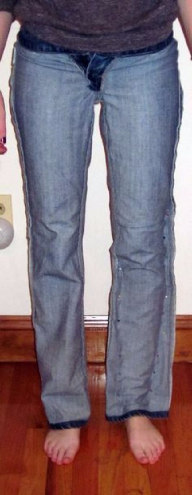 DIY Jeans Makeovers - Flares to Straight Leg - Easy Crafts and Tutorials to Refashion and Upcycle Your Jeans and Create Ripped, Distressed, Bleach, Lace Edge, Cut Off, Skinny, Shorts, Skirts, Galaxy and Painted Jeans Ideas - Cool Denim Fashions for Teens, Teenagers, Women #diyideas #diyclothes #clothinghacks #teencrafts