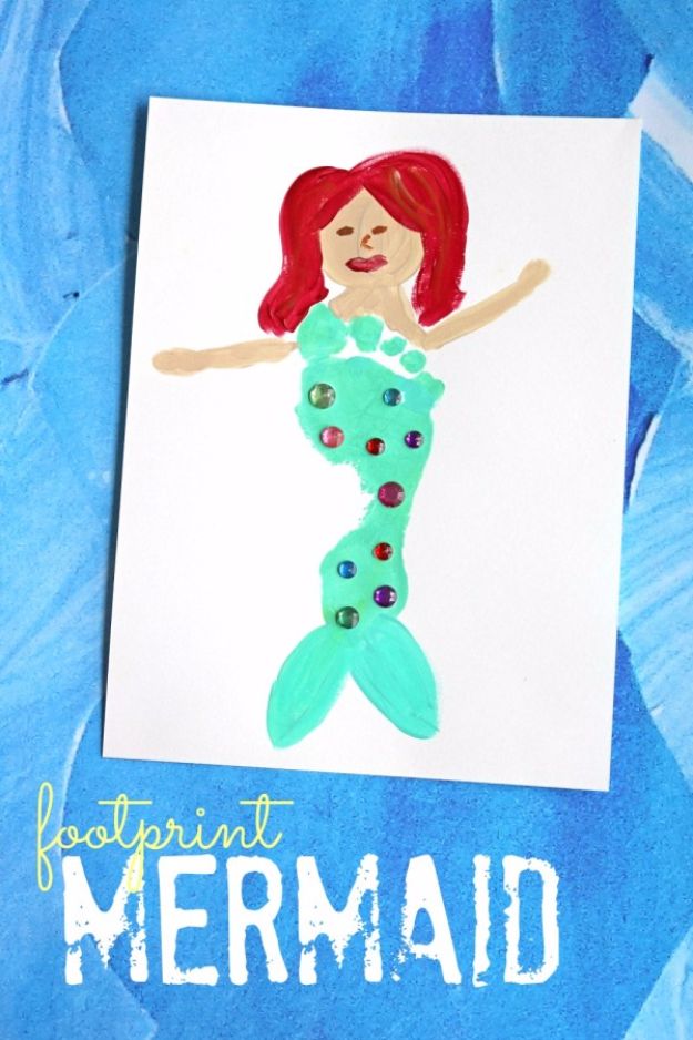 DIY Mermaid Crafts - Footprint Mermaid Keepsake Idea - How To Make Room Decorations, Art Projects, Jewelry, and Makeup For Kids, Teens and Teenagers - Mermaid Costume Tutorials - Fun Clothes, Pillow Projects, Mermaid Tail Tutorial