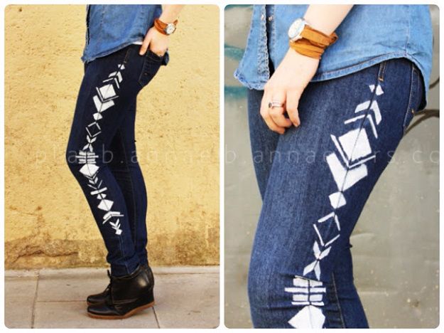 DIY Jeans Makeovers - Geometric Painted Jeans DIY - Easy Crafts and Tutorials to Refashion and Upcycle Your Jeans and Create Ripped, Distressed, Bleach, Lace Edge, Cut Off, Skinny, Shorts, Skirts, Galaxy and Painted Jeans Ideas - Cool Denim Fashions for Teens, Teenagers, Women #diyideas #diyclothes #clothinghacks #teencrafts