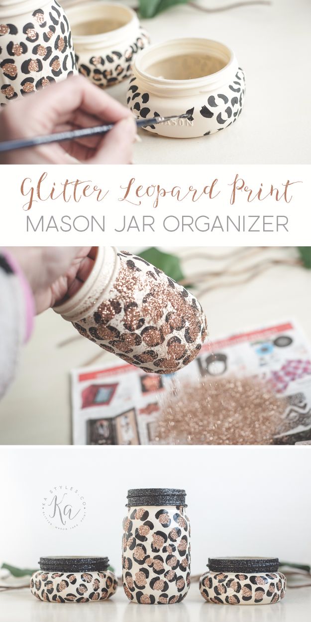 DIY Ideas WIth Glitter - Glitter Leopard Print Mason Jar Organizers - Easy Crafts and Projects for Decoration, Gifts, and Bedroom Decor - How To Make Ombre, Mod Podge and Glitter Mason Jar Gift Ideas For Teens - Easy Clothes and Makeup Crafts For Teenagers #diyideas #glitter #crafts