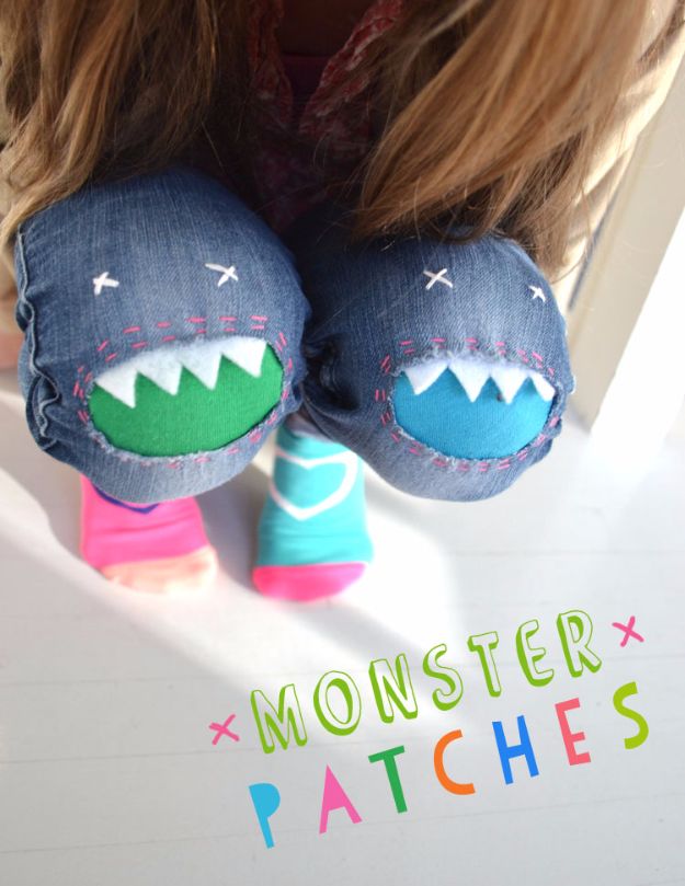 DIY Jeans Makeovers - Monster Patches - Easy Crafts and Tutorials to Refashion and Upcycle Your Jeans and Create Ripped, Distressed, Bleach, Lace Edge, Cut Off, Skinny, Shorts, Skirts, Galaxy and Painted Jeans Ideas - Cool Denim Fashions for Teens, Teenagers, Women #diyideas #diyclothes #clothinghacks #teencrafts