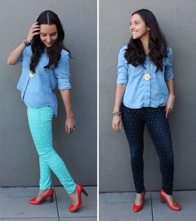 DIY Jeans Makeovers - Polka Dot Pants - Easy Crafts and Tutorials to Refashion and Upcycle Your Jeans and Create Ripped, Distressed, Bleach, Lace Edge, Cut Off, Skinny, Shorts, Skirts, Galaxy and Painted Jeans Ideas - Cool Denim Fashions for Teens, Teenagers, Women #diyideas #diyclothes #clothinghacks #teencrafts
