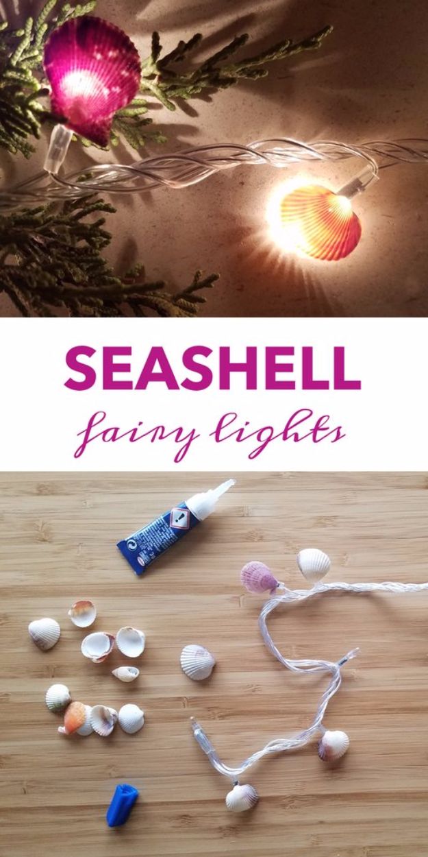 DIY Mermaid Crafts - Seashell Fairy Lights - How To Make Room Decorations, Art Projects, Jewelry, and Makeup For Kids, Teens and Teenagers - Mermaid Costume Tutorials - Fun Clothes, Pillow Projects, Mermaid Tail Tutorial