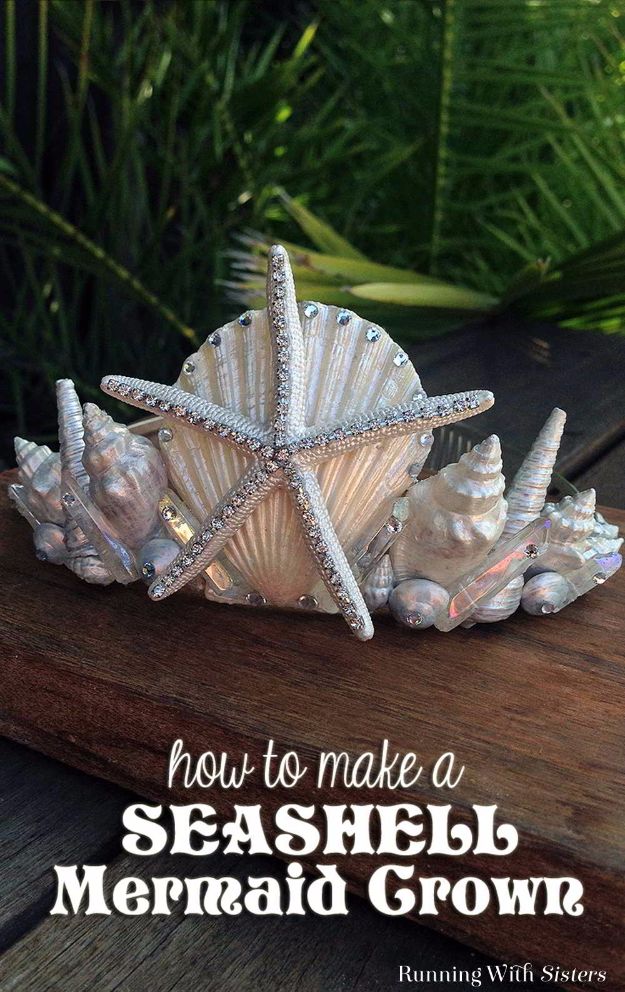 DIY Mermaid Crafts - Seashell Mermaid Crown - How To Make Room Decorations, Art Projects, Jewelry, and Makeup For Kids, Teens and Teenagers - Mermaid Costume Tutorials - Fun Clothes, Pillow Projects, Mermaid Tail Tutorial