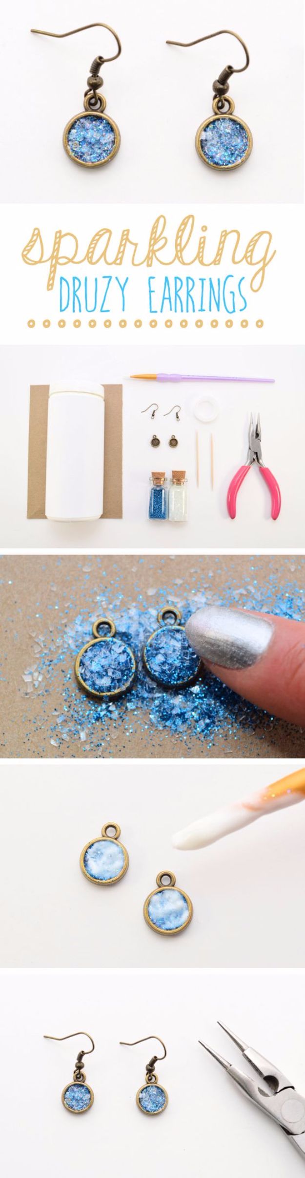 DIY Ideas WIth Glitter - Sparkling Druzy Earrings - Easy Crafts and Projects for Decoration, Gifts, and Bedroom Decor - How To Make Ombre, Mod Podge and Glitter Mason Jar Gift Ideas For Teens - Easy Clothes and Makeup Crafts For Teenagers #diyideas #glitter #crafts