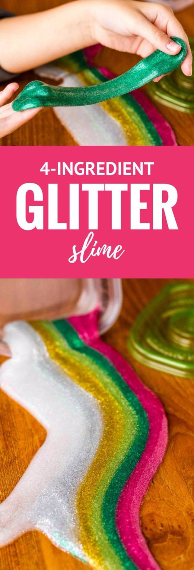 Borax Free Slime Recipes - 4-Ingredient Glitter Slime - Safe Slimes To Make Without Glue - How To Make Fluffy Slime With Shaving Cream - Easy 3 Ingredients Glitter Slime, Clear, Galaxy, Best DIY Slime Tutorials With Step by Step Instructions #slimerecipes #slime #kidscrafts #teencrafts