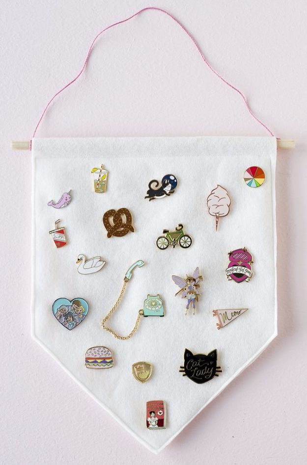 Crafts for Teens to Make and Sell - DIY Enamel Pin Banner - Cheap and Easy DIY Ideas To Make For Extra Money - Best Things to Sell On Etsy, Dollar Store Craft Ideas, Quick Projects for Teenagers To Make Spending Cash - DIY Gifts, Wall Art, School Supplies, Room Decor, Jewelry, Fashion, Hair Accessories, Bracelets, Magnets #teencrafts #craftstosell #etsyideass