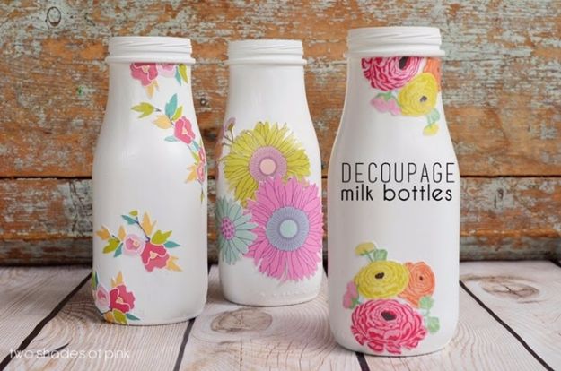 Mod Podge Crafts - Decoupage Milk Bottles - DIY Modge Podge Ideas On Wood, Glass, Canvases, Fabric, Paper and Mason Jars - How To Make Pictures, Home Decor, Easy Craft Ideas and DIY Wall Art for Beginners - Cute, Cheap Crafty Homemade Gifts for Christmas and Birthday Presents 