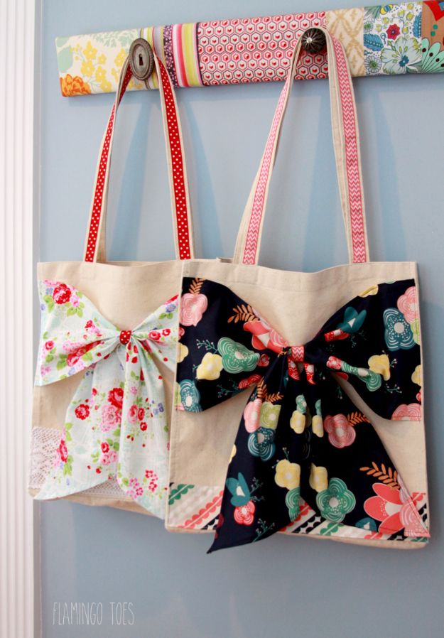 Crafts for Teens to Make and Sell - Fabric And Lace Bow Tote - Cheap and Easy DIY Ideas To Make For Extra Money - Best Things to Sell On Etsy, Dollar Store Craft Ideas, Quick Projects for Teenagers To Make Spending Cash - DIY Gifts, Wall Art, School Supplies, Room Decor, Jewelry, Fashion, Hair Accessories, Bracelets, Magnets #teencrafts #craftstosell #etsyideass