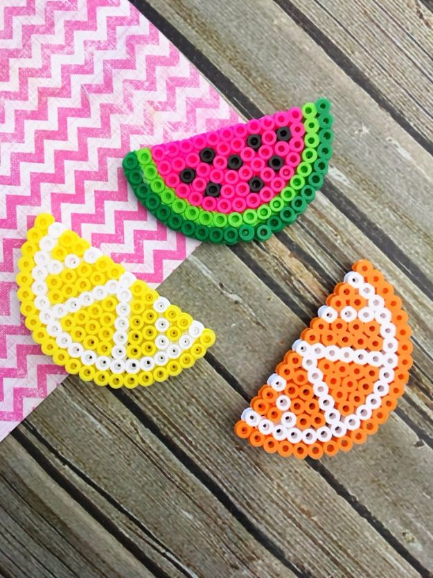 Crafts for Teens to Make and Sell - Fruit Perler Bead Magnets - Cheap and Easy DIY Ideas To Make For Extra Money - Best Things to Sell On Etsy, Dollar Store Craft Ideas, Quick Projects for Teenagers To Make Spending Cash - DIY Gifts, Wall Art, School Supplies, Room Decor, Jewelry, Fashion, Hair Accessories, Bracelets, Magnets #teencrafts #craftstosell #etsyideass