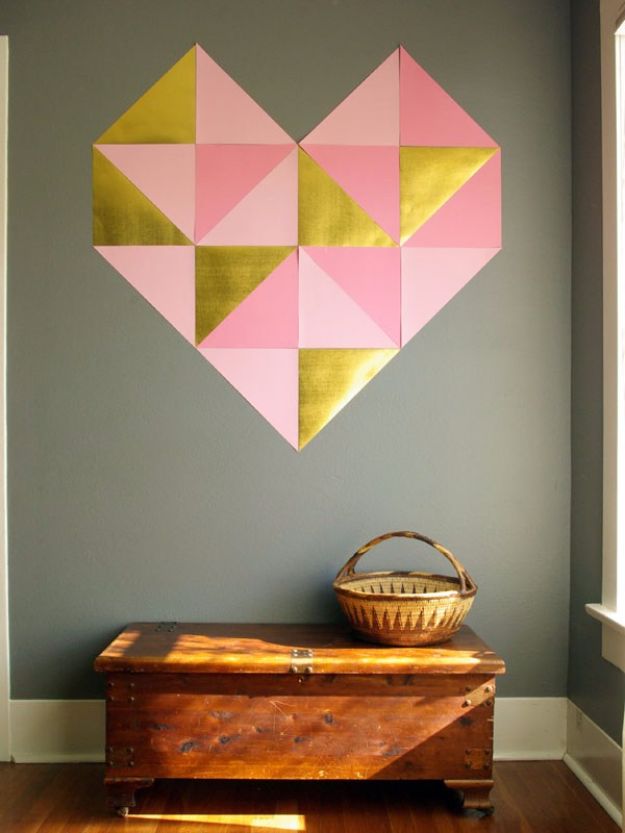 Cheap DIY Valentine's Day Gift Ideas - Giant Geometric Wall Heart - Make These Easy and Inexpensive Crafts and Valentine Projects - Cute Dollar Store Ideas, Tutorials for Making Jars, Gift Boxes, Pink Red and Heart Shaped Decor - Creative Ways To Say I Love You to Your BFF, Boyfriend, Girlfriend, Husband, Wife and Kids #diyideas #valentines #cheapgifts #valentinesgifts #valentinesday