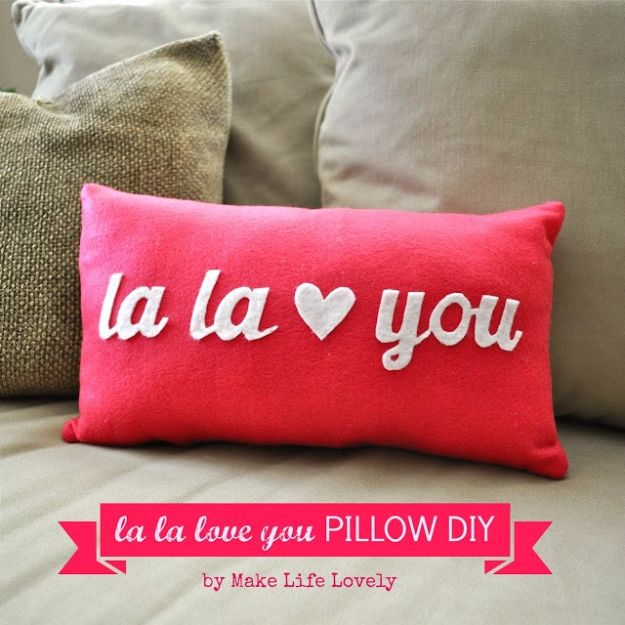 Cheap DIY Valentine's Day Gift Ideas - La La Love You Valentine Pillow - Make These Easy and Inexpensive Crafts and Valentine Projects - Cute Dollar Store Ideas, Tutorials for Making Jars, Gift Boxes, Pink Red and Heart Shaped Decor - Creative Ways To Say I Love You to Your BFF, Boyfriend, Girlfriend, Husband, Wife and Kids #diyideas #valentines #cheapgifts #valentinesgifts #valentinesday