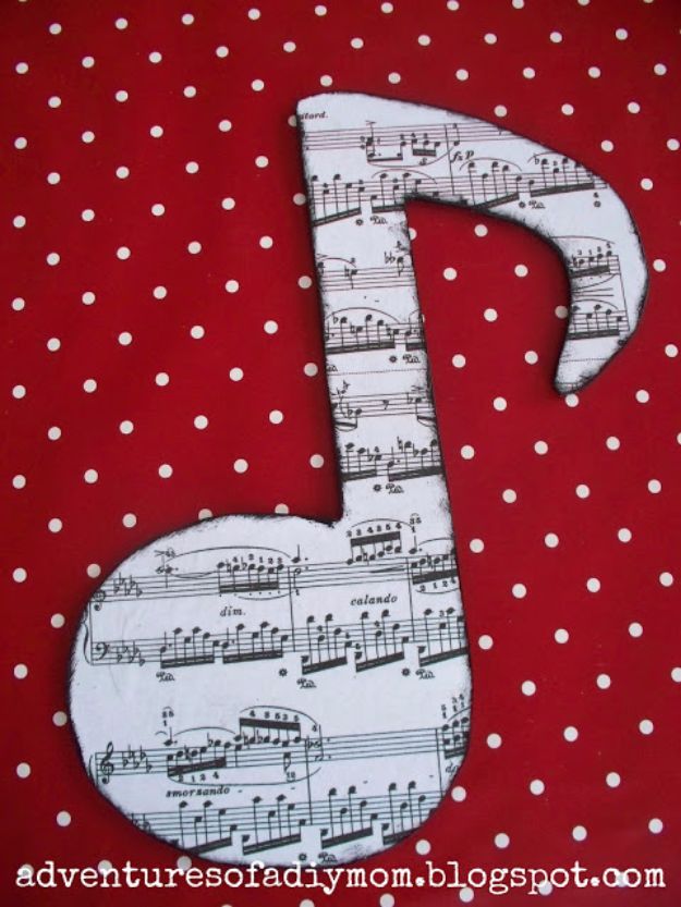 Mod Podge Crafts - Mod Podge Wooden Music Notes - DIY Modge Podge Ideas On Wood, Glass, Canvases, Fabric, Paper and Mason Jars - How To Make Pictures, Home Decor, Easy Craft Ideas and DIY Wall Art for Beginners - Cute, Cheap Crafty Homemade Gifts for Christmas and Birthday Presents 