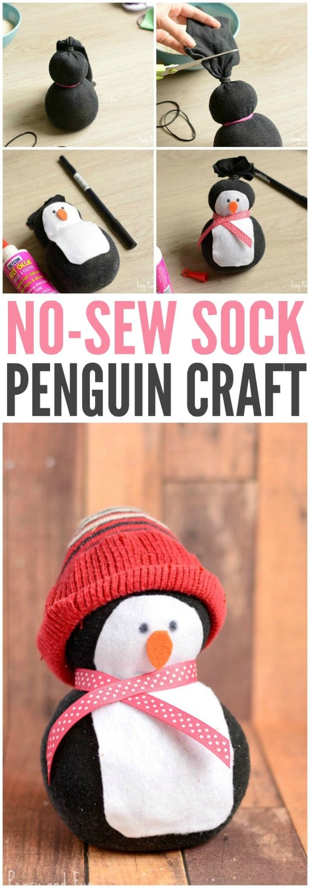 Crafts for Teens to Make and Sell - No-Sew Sock Penguin Craft - Cheap and Easy DIY Ideas To Make For Extra Money - Best Things to Sell On Etsy, Dollar Store Craft Ideas, Quick Projects for Teenagers To Make Spending Cash - DIY Gifts, Wall Art, School Supplies, Room Decor, Jewelry, Fashion, Hair Accessories, Bracelets, Magnets #teencrafts #craftstosell #etsyideass