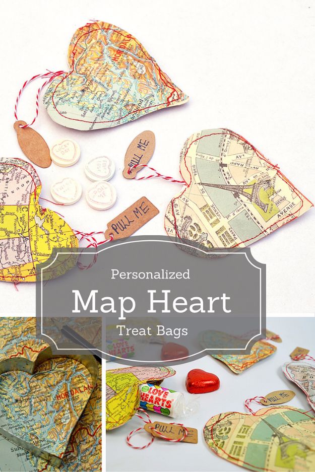 Cheap DIY Valentine's Day Gift Ideas - Personalized Map Heart Treat Bags - Make These Easy and Inexpensive Crafts and Valentine Projects - Cute Dollar Store Ideas, Tutorials for Making Jars, Gift Boxes, Pink Red and Heart Shaped Decor - Creative Ways To Say I Love You to Your BFF, Boyfriend, Girlfriend, Husband, Wife and Kids #diyideas #valentines #cheapgifts #valentinesgifts #valentinesday