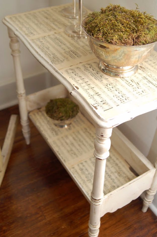 Mod Podge Crafts - Sheet Music Side Table - DIY Modge Podge Ideas On Wood, Glass, Canvases, Fabric, Paper and Mason Jars - How To Make Pictures, Home Decor, Easy Craft Ideas and DIY Wall Art for Beginners - Cute, Cheap Crafty Homemade Gifts for Christmas and Birthday Presents 