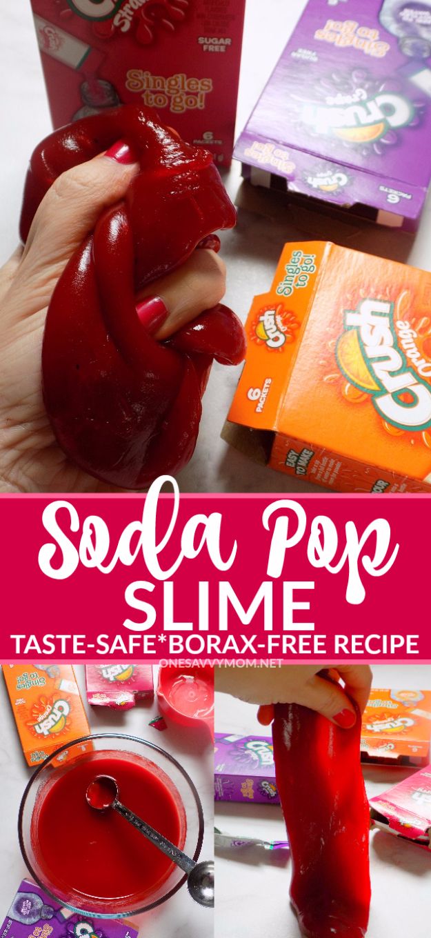 Borax Free Slime Recipes - Soda Pop Slime - Safe Slimes To Make Without Glue - How To Make Fluffy Slime With Shaving Cream - Easy 3 Ingredients Glitter Slime, Clear, Galaxy, Best DIY Slime Tutorials With Step by Step Instructions #slimerecipes #slime #kidscrafts #teencrafts