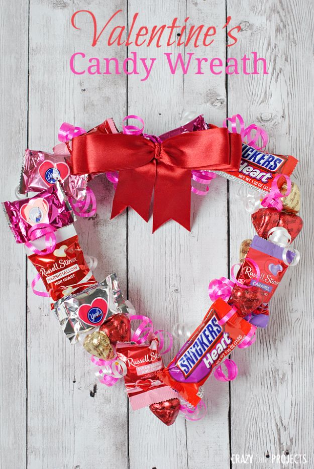 Cheap DIY Valentine's Day Gift Ideas - Valentine's Candy Wreath - Make These Easy and Inexpensive Crafts and Valentine Projects - Cute Dollar Store Ideas, Tutorials for Making Jars, Gift Boxes, Pink Red and Heart Shaped Decor - Creative Ways To Say I Love You to Your BFF, Boyfriend, Girlfriend, Husband, Wife and Kids #diyideas #valentines #cheapgifts #valentinesgifts #valentinesday