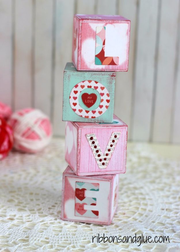 Cheap DIY Valentine's Day Gift Ideas - Valentine's Love Blocks - Make These Easy and Inexpensive Crafts and Valentine Projects - Cute Dollar Store Ideas, Tutorials for Making Jars, Gift Boxes, Pink Red and Heart Shaped Decor - Creative Ways To Say I Love You to Your BFF, Boyfriend, Girlfriend, Husband, Wife and Kids #diyideas #valentines #cheapgifts #valentinesgifts #valentinesday