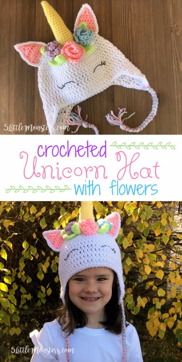 DIY Ideas With Unicorns - Crocheted Unicorn Hat With Flowers - Cute and Easy DIY Projects for Unicorn Lovers - Wall and Home Decor Projects, Things To Make and Sell on Etsy - Quick Gifts to Make for Friends and Family - Homemade No Sew Projects and Pillows - Fun Jewelry, Desk Decor Cool Clothes and Accessories