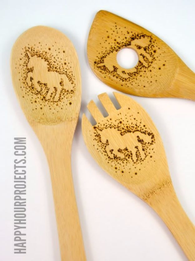DIY Ideas With Unicorns - Unicorn Wood Burned Utensils - Cute and Easy DIY Projects for Unicorn Lovers - Wall and Home Decor Projects, Things To Make and Sell on Etsy - Quick Gifts to Make for Friends and Family - Homemade No Sew Projects and Pillows - Fun Jewelry, Desk Decor Cool Clothes and Accessories 