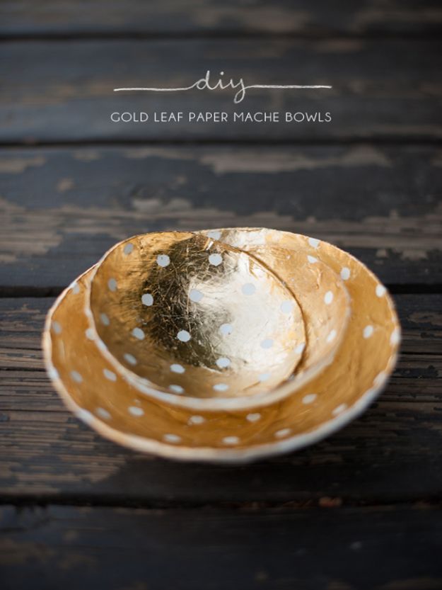 Creative Paper Mache Crafts - DIY Gold Leaf Paper Mache Bowls - Easy DIY Ideas for Making Paper Mache Projects - Cool Newspaper and Paper Bag Craft Tips - Recipe for for How To Make Homemade Paper Mashe paste - Halloween Masks and Costume Tutorials - Sculpture, Animals and Ideas for Kids #diyideas #papermache #teencrafts #crafts