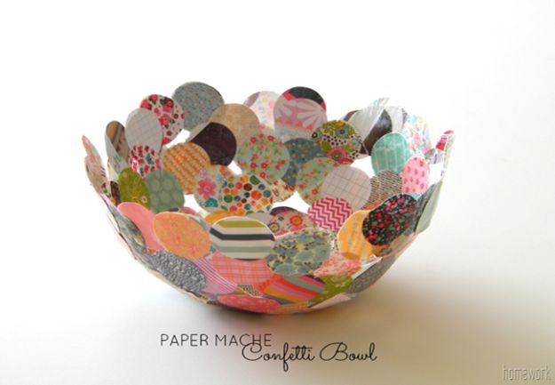 Creative Paper Mache Crafts - Paper Mache Confetti Bowl - Easy DIY Ideas for Making Paper Mache Projects - Cool Newspaper and Paper Bag Craft Tips - Recipe for for How To Make Homemade Paper Mashe paste - Halloween Masks and Costume Tutorials - Sculpture, Animals and Ideas for Kids #diyideas #papermache #teencrafts #crafts