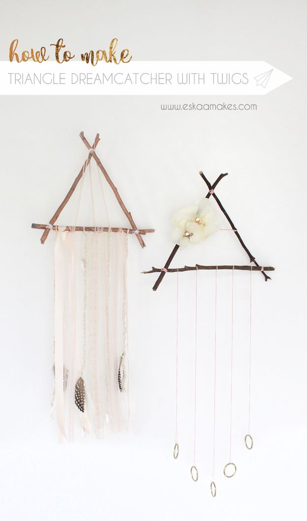 DIY Dream Catchers - Triangle Dreamcatcher with Twigs - How to Make a Dreamcatcher Step by Step Tutorial - Easy Ideas for Dream Catcher for Kids Room - Make a Mobile, Moon Designs, Pattern Ideas, Boho Dreamcatcher With Sticks, Cool Wall Hangings for Teen Rooms - Cheap Home Decor Ideas on A Budget #diyideas #teencrafts #dreamcatchers
