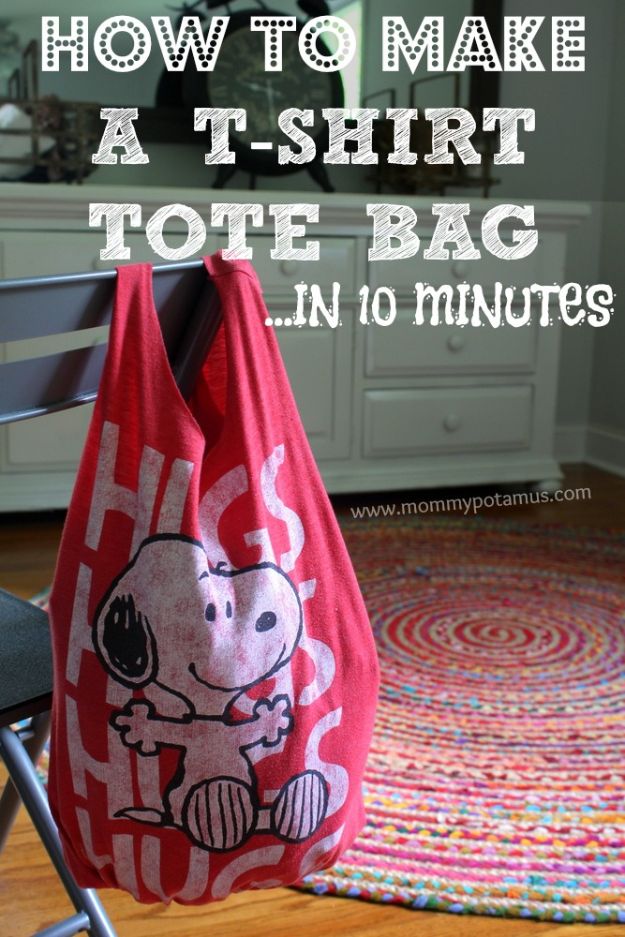 DIY Ideas With Old T-shirts - No Sew T-Shirt Tote Bag In 10 Minutes - Tshirt Makeovers and Transformation Ideas for Tee Shirts - DIY Clothes to Make On A Budgert - Creative and Easy Fashion Ideas for Teen Girls, Teenagers, Adults - Cut and Refashion Your Shirts With These Step by Step Tutorials #teencrafts #tshirtideas #diyclothes #fashion #crafts