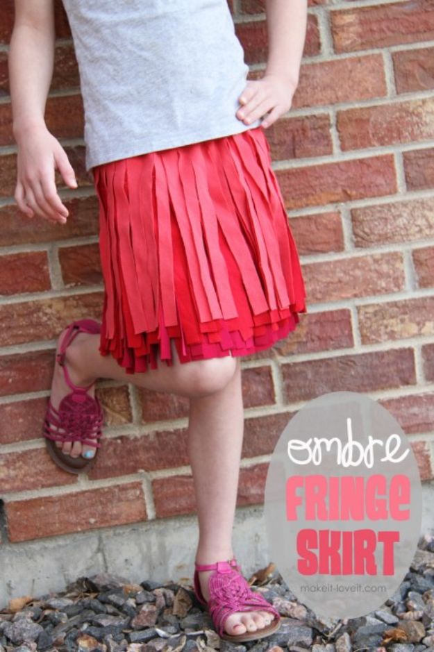 DIY Ideas With Old T-shirts - Ombre Fringe Skirt - Tshirt Makeovers and Transformation Ideas for Tee Shirts - DIY Clothes to Make On A Budgert - Creative and Easy Fashion Ideas for Teen Girls, Teenagers, Adults - Cut and Refashion Your Shirts With These Step by Step Tutorials #teencrafts #tshirtideas #diyclothes #fashion #crafts