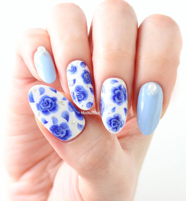DIY Nail Art Ideas - Blue Rose Nail Art - Easy Step by Step Design Idea for Nails - How to Make Manicures at Home Simple - Paint and Polish Tips #nailart #naildesigns #nailart #diynails #diybeauty #naildesigns #teencrafts