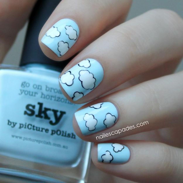 DIY Nail Art Ideas - Cloud Drawings Nail Art - Easy Step by Step Design Idea for Nails - How to Make Manicures at Home Simple - Paint and Polish Tips #nailart #naildesigns #nailart #diynails #diybeauty #naildesigns #teencrafts
