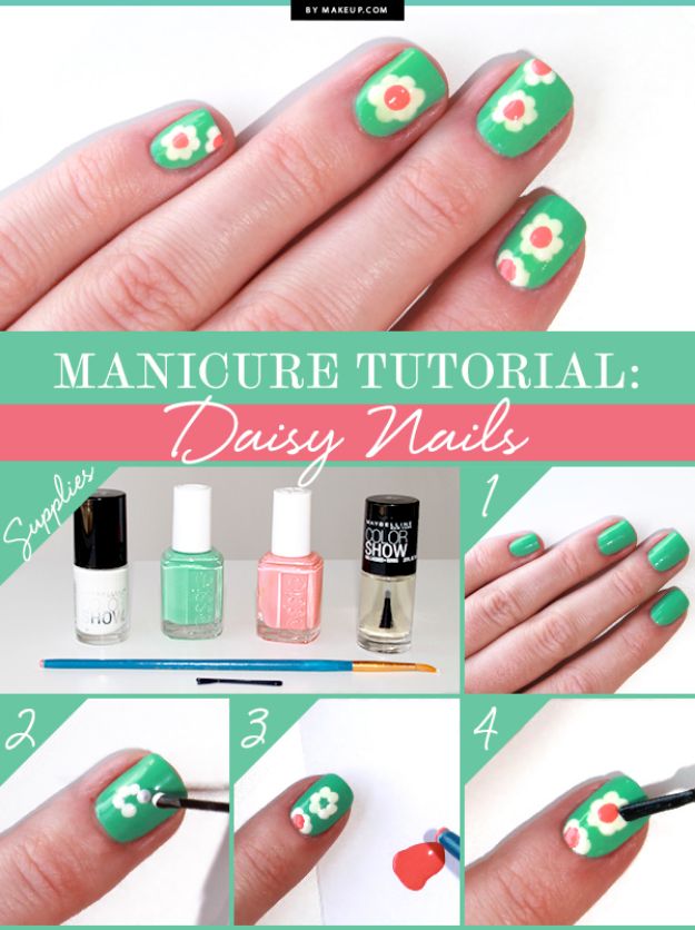 DIY Nail Art Ideas - Daisy Nails - Easy Step by Step Design Idea for Nails - How to Make Manicures at Home Simple - Paint and Polish Tips #nailart #naildesigns #nailart #diynails #diybeauty #naildesigns #teencrafts