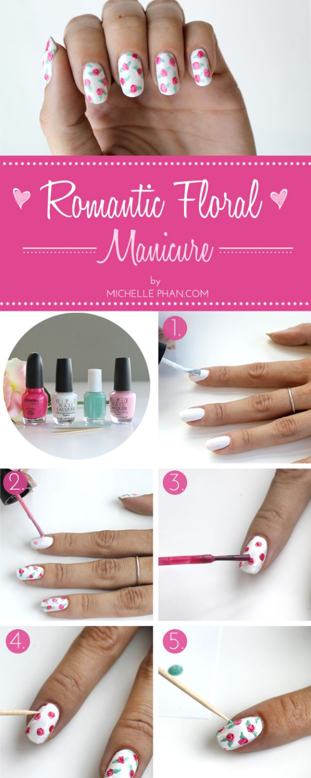 DIY Nail Art Ideas - Romantic Floral Mani DIY - Easy Step by Step Design Idea for Nails - How to Make Manicures at Home Simple - Paint and Polish Tips #nailart #naildesigns #nailart #diynails #diybeauty #naildesigns #teencrafts
