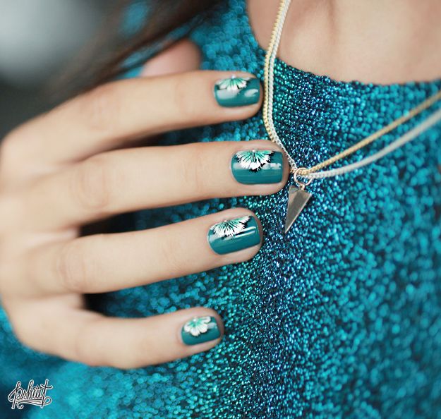 DIY Nail Art Ideas - Teal Flowers Nail Art - Easy Step by Step Design Idea for Nails - How to Make Manicures at Home Simple - Paint and Polish Tips #nailart #naildesigns #nailart #diynails #diybeauty #naildesigns #teencrafts