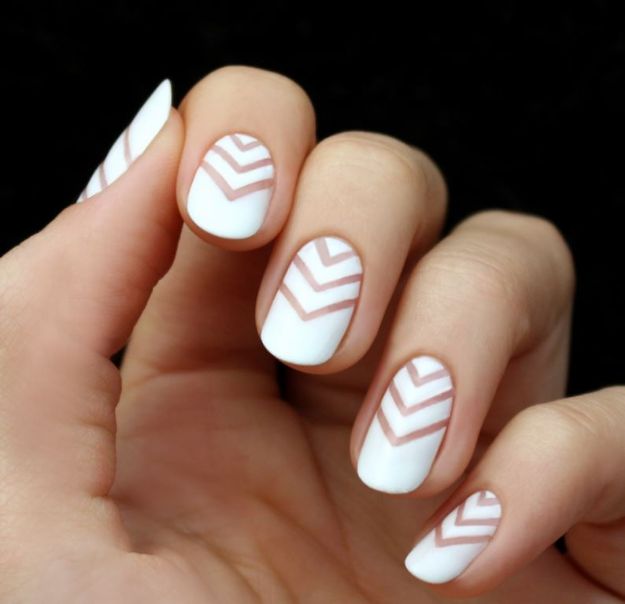 DIY Nail Art Idea - White Chevron Negative Space Nail Art Tutorials - Easy Step by Step Design Idea for Nails - How to Make Manicures at Home Simple - Paint and Polish Tips #nailart #naildesigns #nailart #diynails #diybeauty #naildesigns #teencrafts