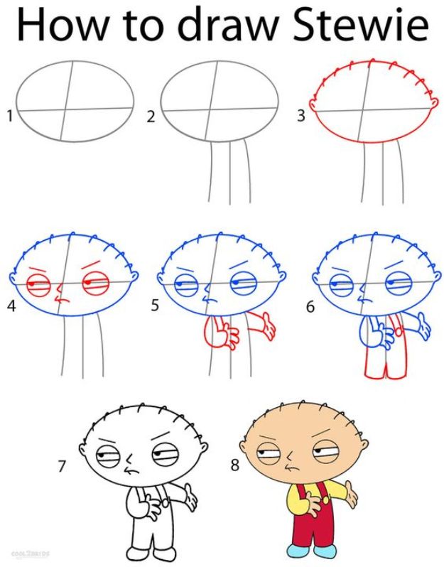 100 How To Draw Tutorials - Draw Stewie - Eyes, Hair, Face, Lips, People, Animals, Hands - Step by Step Drawing Tutorial for Beginners - Free Easy Lessons