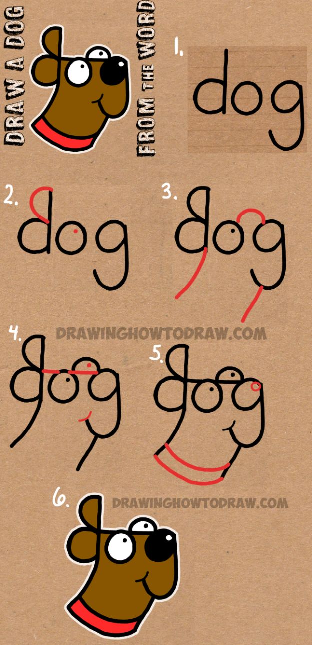 How to Draw Dogs - Draw a Dog from The Word Dog - Easy Step by Step Drawing Tutorial - Learn How To Draw A Dog and Cute Puppies - Cartoon and Realistic Animals