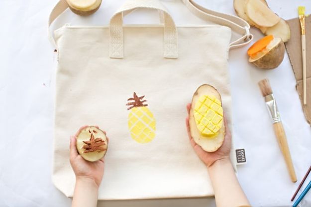 Pineapple Crafts - Potato Stamped Fruit Bag - Cute Craft Projects That Make Cool DIY Gifts - Wall Decor, Bedroom Art, Jewelry Idea